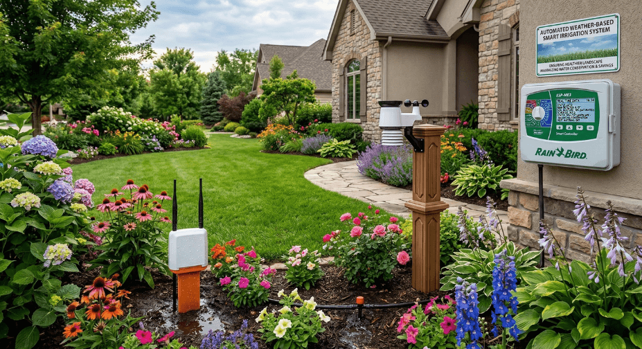 A residential garden setup featuring a wall-mounted rain bird smart controller, weather sensor, and soil moisture probe.