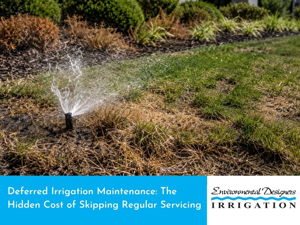 Neglected irrigation system spraying water on dry damaged grass with deferred maintenance service message