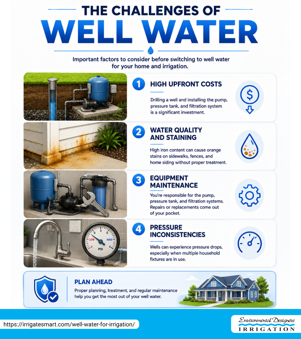 User-Inserted Infographic detailing challenges of well water for irrigation: upfront costs, water quality, maintenance, and pressure.