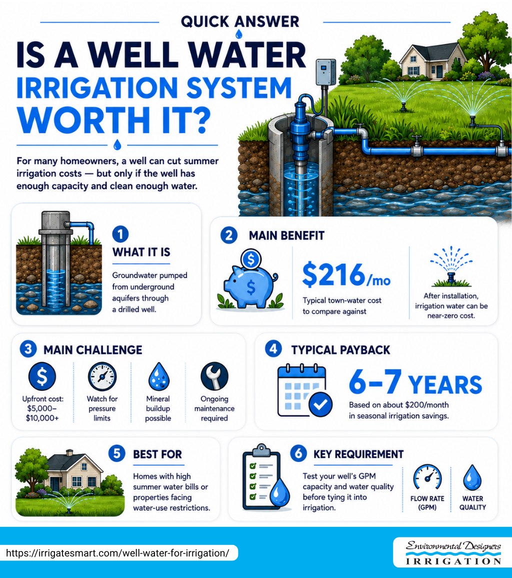 User-Inserted Infographic explaining the pros and cons of using well water for irrigation, including costs and benefits.