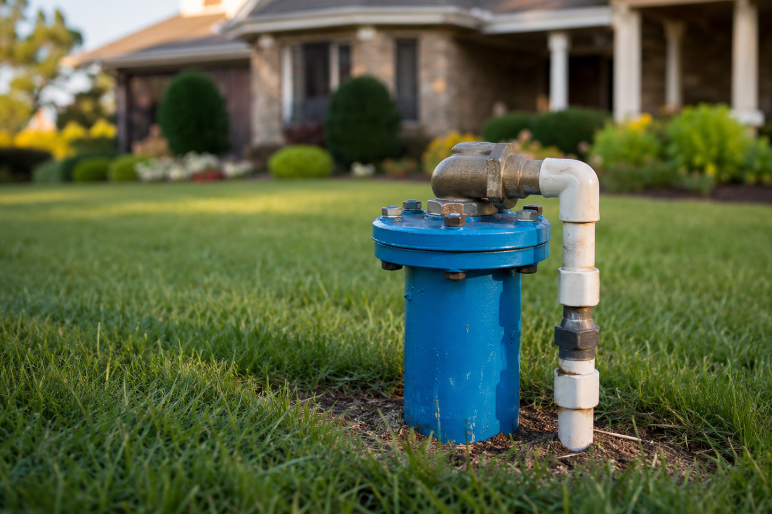 User-Inserted Blue irrigation well head with pipes in a green lawn in front of a house.
