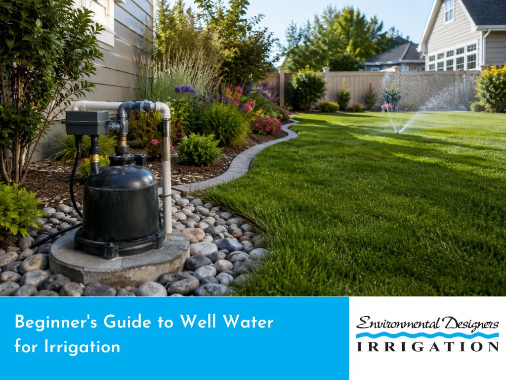 Well water irrigation pump system watering a lush green lawn with a sprinkler.
