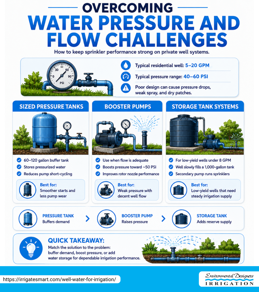 User-Inserted Diagram showing solutions for well water pressure and flow challenges for irrigation.