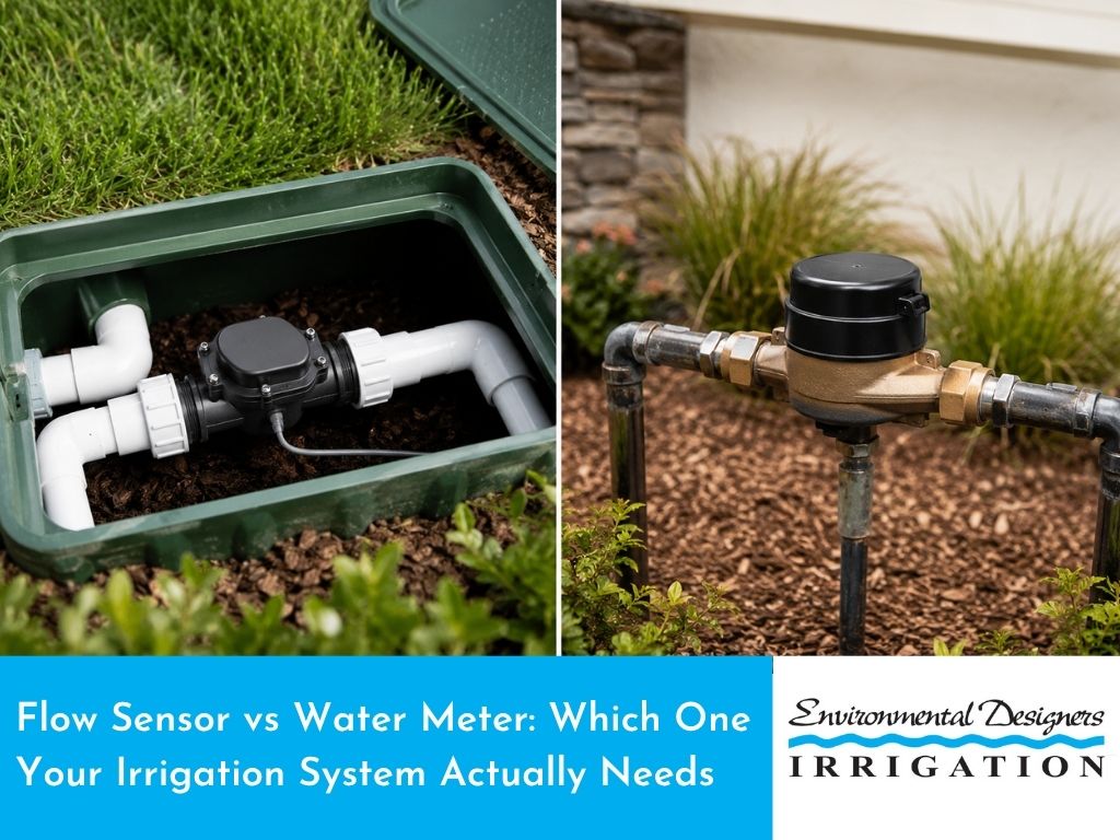 Flow sensor in a green box and a water meter installed on pipes.